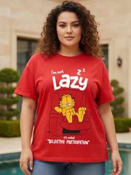 Bewakoof - Garfield Women's Red Selective Participation Graphic Printed Plus Size Boyfriend T-shirt