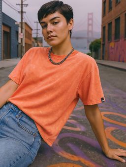 Bewakoof - Women's Orange Oversized Acid Wash T-shirt