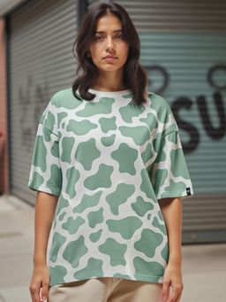 Bewakoof - Women's Green & White All Over Printed Oversized T-shirt