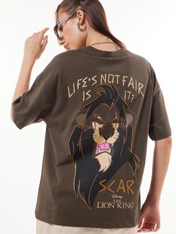 Bewakoof - Official Disney Women's Brown Unfair Scar Graphic Printed Oversized T-shirt
