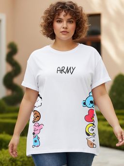 Bewakoof - Women's White Peeking Army Graphic Printed Plus Size Boyfriend T-shirt