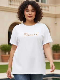 Bewakoof - Women's White Minimal Believe Graphic Printed Plus Size Boyfriend T-shirt