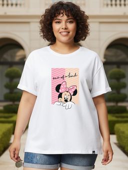 Bewakoof - Official Disney Women's White Unique Minnie Graphic Printed Plus Size Boyfriend T-shirt
