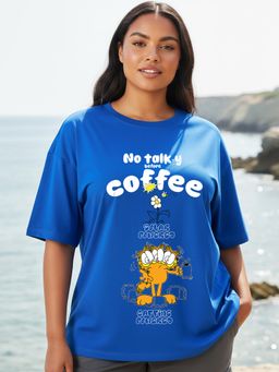 Bewakoof - Official Garfield Women's Blue Coffee Lover Graphic Printed Oversized Plus Size T-shirt