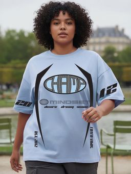 Bewakoof - Women's Sky Blue Champ Graphic Printed Oversized Plus Size T-shirt