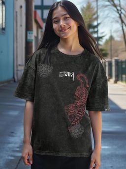 Bewakoof - Women's Black Ordinari Graphic Printed Oversized Acid Wash T-shirt