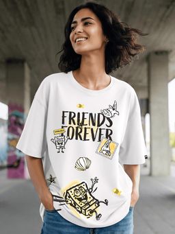 Bewakoof - SpongeBob Women's White Friends Forever Graphic Printed Oversized T-shirt