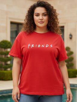 Bewakoof - Women's Red Friends Logo Typography Boyfriend Plus Size T-shirt