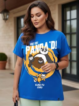 Bewakoof - Kung Fu Panda Women's Blue Just Got Panda Graphic Printed Boyfriend Plus Size T-shirt