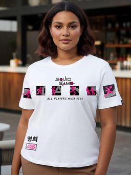 Bewakoof - Official Squid Game Women's White Must Play Graphic Printed Plus Size T-shirt