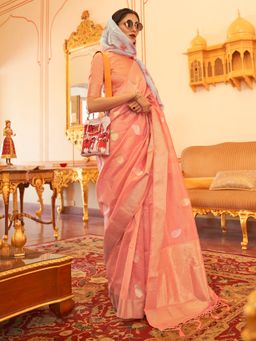 Akhilam - Womens Silk Blend Peach Woven Designer Saree with Unstitched Blouse