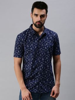 SHOWOFF - Men Casual Slim Collar Navy Blue Printed Shirt