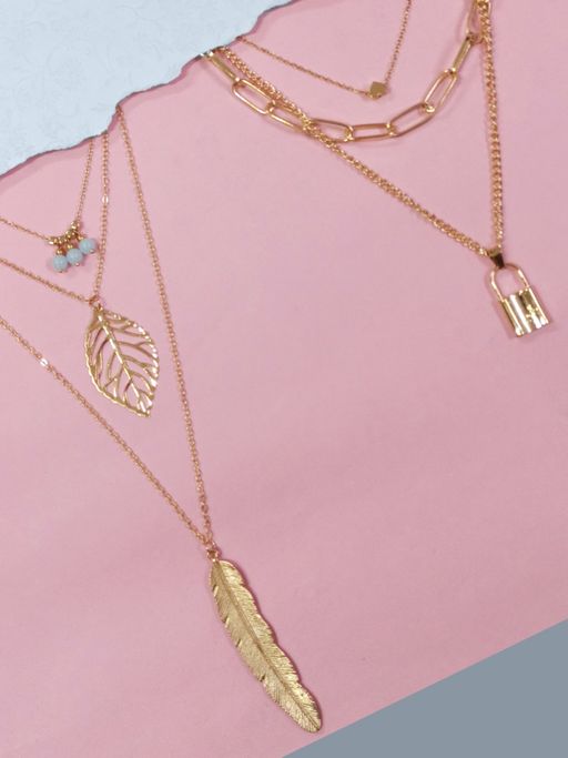 OOMPH Gold Feather & Lock Link Chain Multi Layer Necklace (Combo of 2)