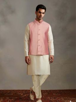 Abhishti - Beige Kurta Pant With Pink Woven Design Nehru Jacket