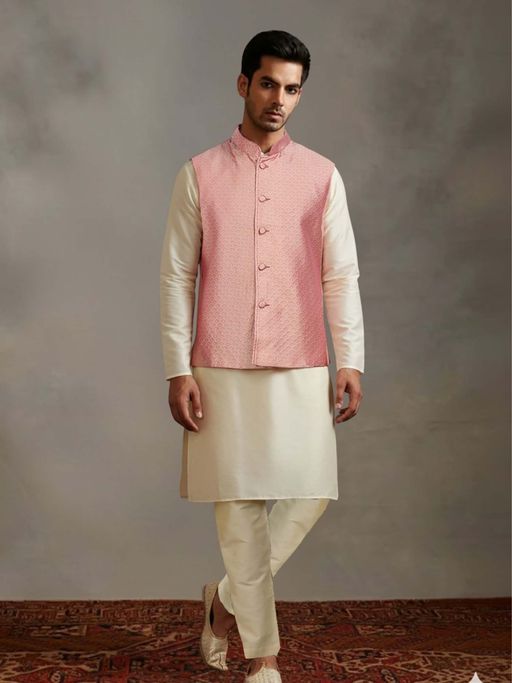 Abhishti Beige Kurta Pant With Pink Woven Design Nehru Jacket