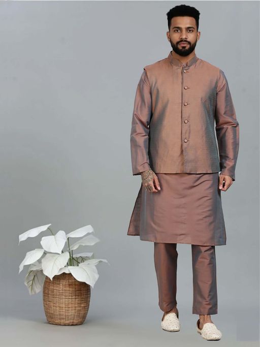 Abhishti Brown Kurta Pant With Brown Woven Design Nehru Jacket Set