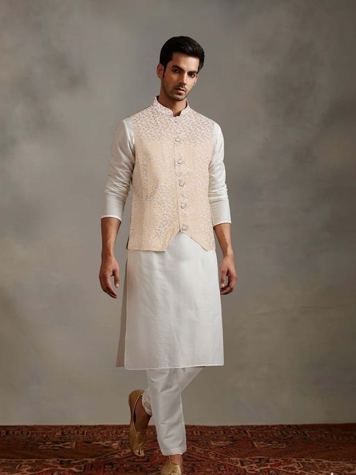 Abhishti Off White Kurta Pant With Gold And White Brocade Nehru Jacket