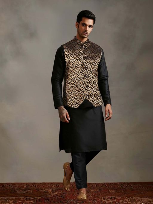 Abhishti Black Kurta Pant With Gold And Black Brocade Nehru Jacket