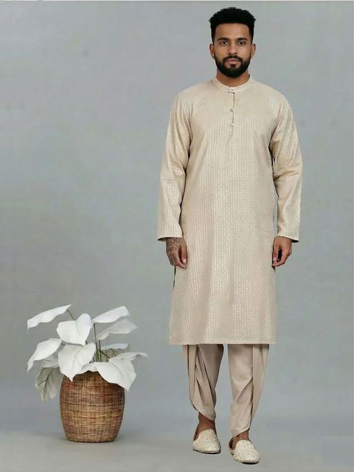 Abhishti Beige Lurex Straight Kurta With Solid Dhoti Set