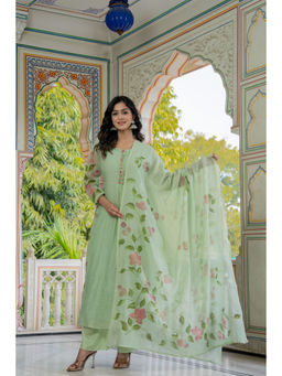 WOOMN - Women Chanderi Floral Green Anarkali Kurta with Pant and Dupatta