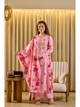 WOOMN - Women Pure Cotton Floral Pink Kurta with Pant and Dupatta