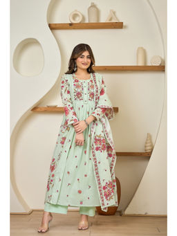WOOMN - Women Pure Cotton Floral Green Anarkali Kurta with Pant and Dupatta
