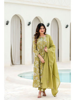 WOOMN - Women Pure Cotton Floral Olive Anarkali Kurta with Pant and Dupatta