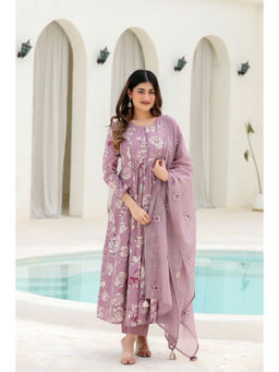 WOOMN - Women Pure Cotton Floral Purple Anarkali Kurta with Pant and Dupatta
