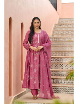 WOOMN - Women Pure Cotton Embroidered Pink Anarkali Kurta with Pant and Dupatta