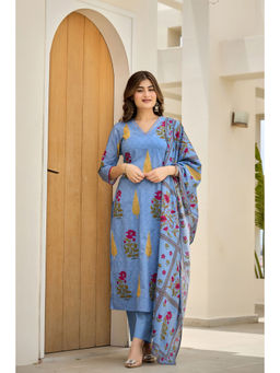 WOOMN - Women Pure Cotton Floral Blue Kurta with Pant and Dupatta