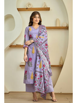 WOOMN - Women Pure Cotton Floral Lavender Kurta with Pant and Dupatta
