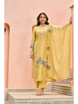 WOOMN - Women Chanderi Floral Yellow Kurta with Pant and Dupatta