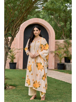 WOOMN - Women Pure Cotton Floral Beige Kurta with Pant and Dupatta