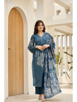 WOOMN - Women Pure Cotton Floral Teal Kurta with Pant and Dupatta