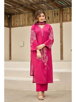 WOOMN - Women Pure Cotton Floral Pink Kurta with Pant and Dupatta