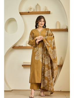 WOOMN - Women Pure Cotton Floral Mustard Kurta with Pant and Dupatta