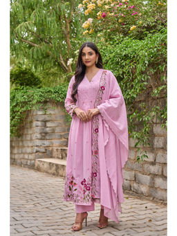 WOOMN - Women Pure Cotton Floral Pink Anarkali Kurta with Pant and Dupatta