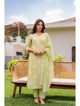 WOOMN - Women Chanderi Floral Green Kurta with Pant and Dupatta