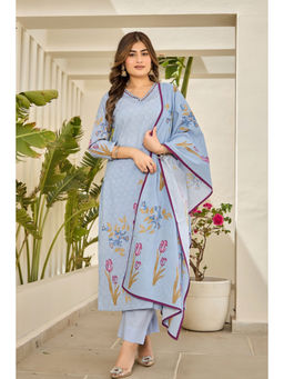 WOOMN - Women Pure Cotton Floral Blue Kurta with Pant and Dupatta