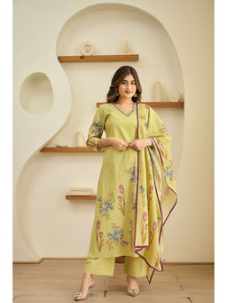 WOOMN - Women Pure Cotton Floral Yellow Kurta with Pant and Dupatta