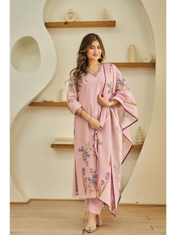 WOOMN - Women Pure Cotton Floral Pink Kurta with Pant and Dupatta