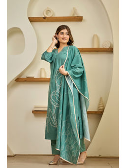WOOMN - Women Pure Cotton Floral Green Kurta with Pant and Dupatta