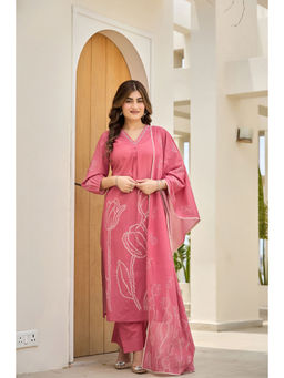 WOOMN - Women Pure Cotton Floral Pink Kurta with Pant and Dupatta