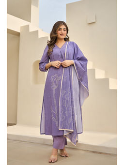 WOOMN - Women Pure Cotton Floral Purple Kurta with Pant and Dupatta
