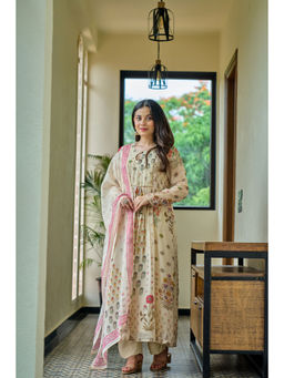 WOOMN - Women Pure Cotton Floral Cream Anarkali Kurta with Pant and Dupatta