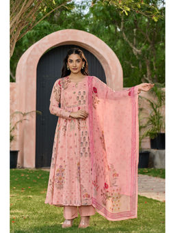 WOOMN - Women Art Silk Floral Pink Anarkali Kurta with Pant and Dupatta