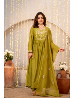 WOOMN - Women Chanderi Embroidered Green Anarkali Kurta with Pant and Dupatta