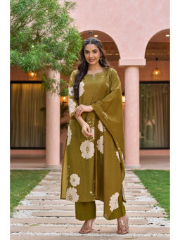 WOOMN - Women Pure Cotton Floral Olive Kurta with Pant and Dupatta