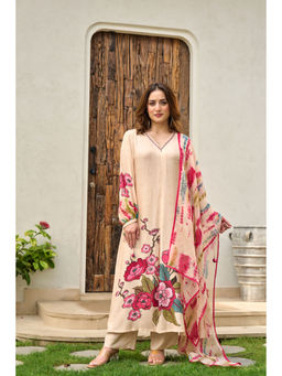 WOOMN - Women Muslin Silk Floral Beige Kurta with Pant and Dupatta