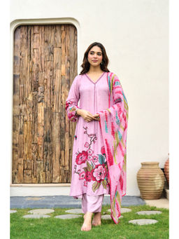 WOOMN - Women Muslin Silk Floral Mauve Kurta with Pant and Dupatta